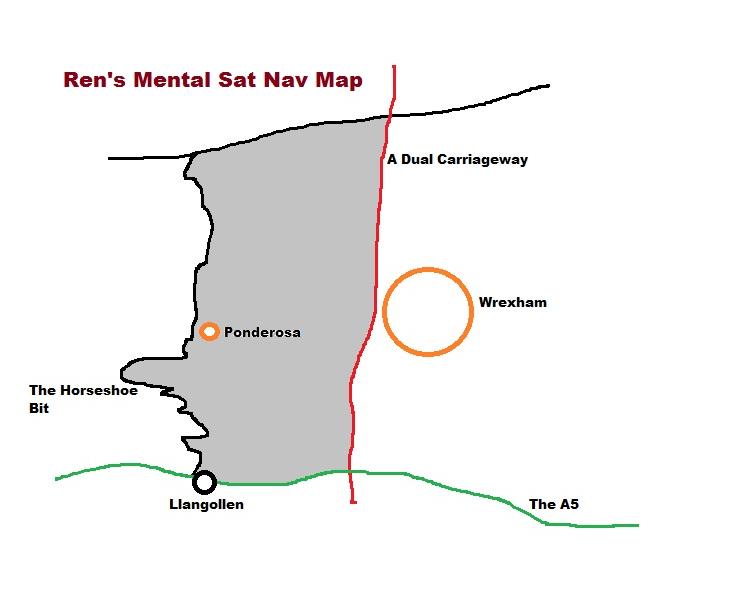 A simple drawing of Ren's mental map of where Wrexham, Llangollen and The Ponderosa are