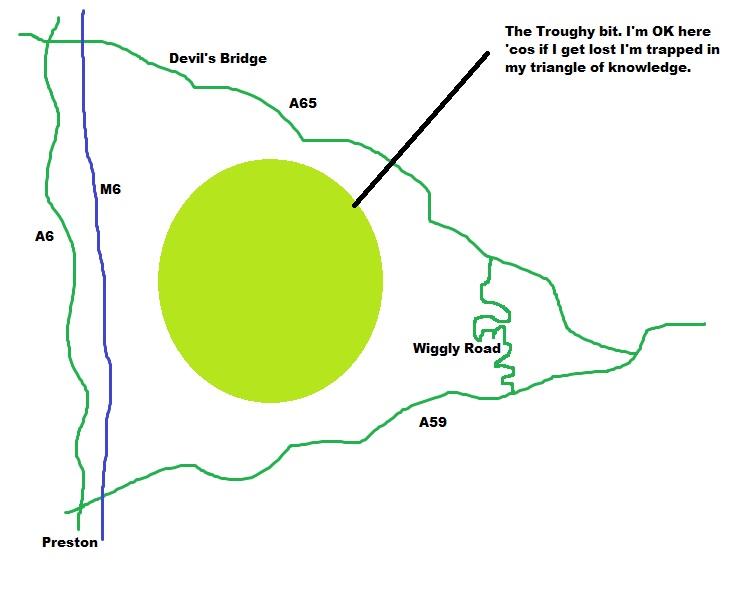 Ren's mental map of the Trough Of Bowland and the surrounding roads