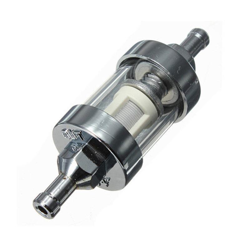 A chromed metal fuel filter with a wire mesh filter