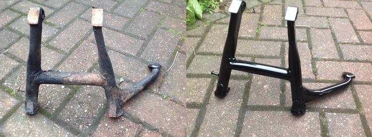 The dirty old centre stand then the restored shiny stand