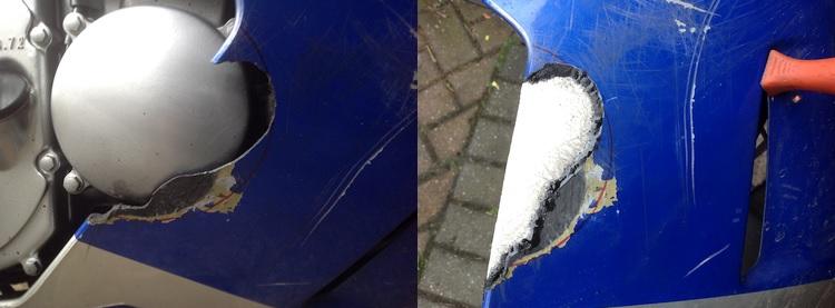 The broke panel then the start of the repairs to the fiberglass