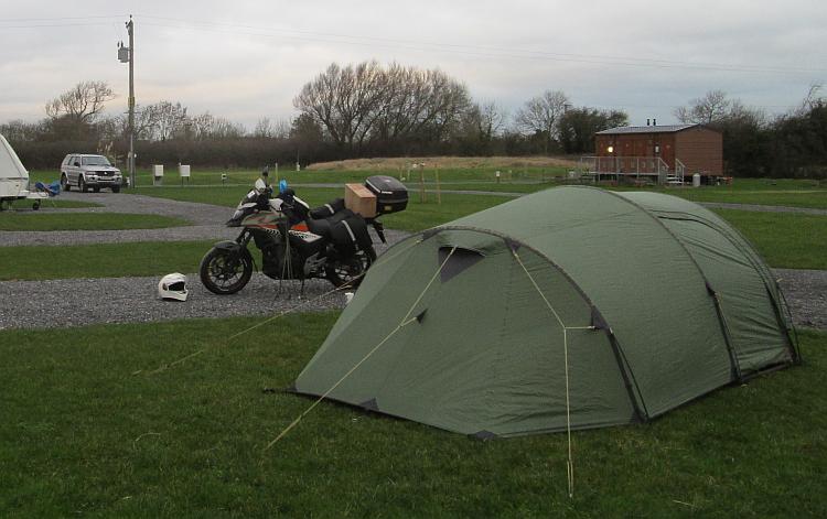The tent is up and the bike is parked at Withy Waters Campsite