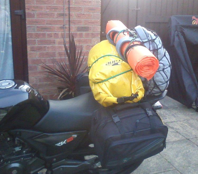 Saddlebags, duffle bag, ground mat and rucksack all on Sharon's 125