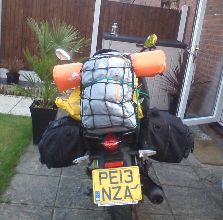 End view of all the luggage on Sharon's small motorcycle