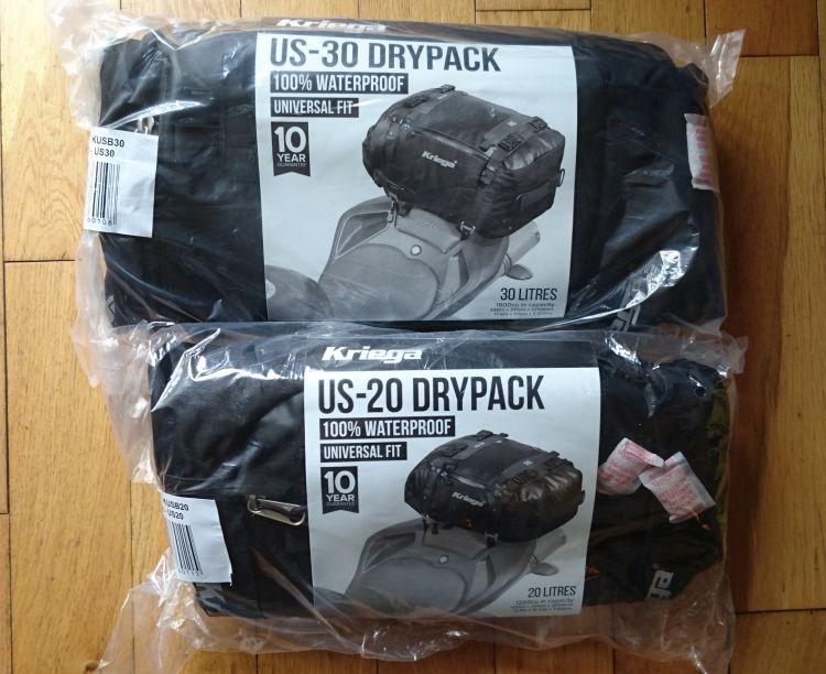 The Kriega bags still in their packaging ready for Sharon to open