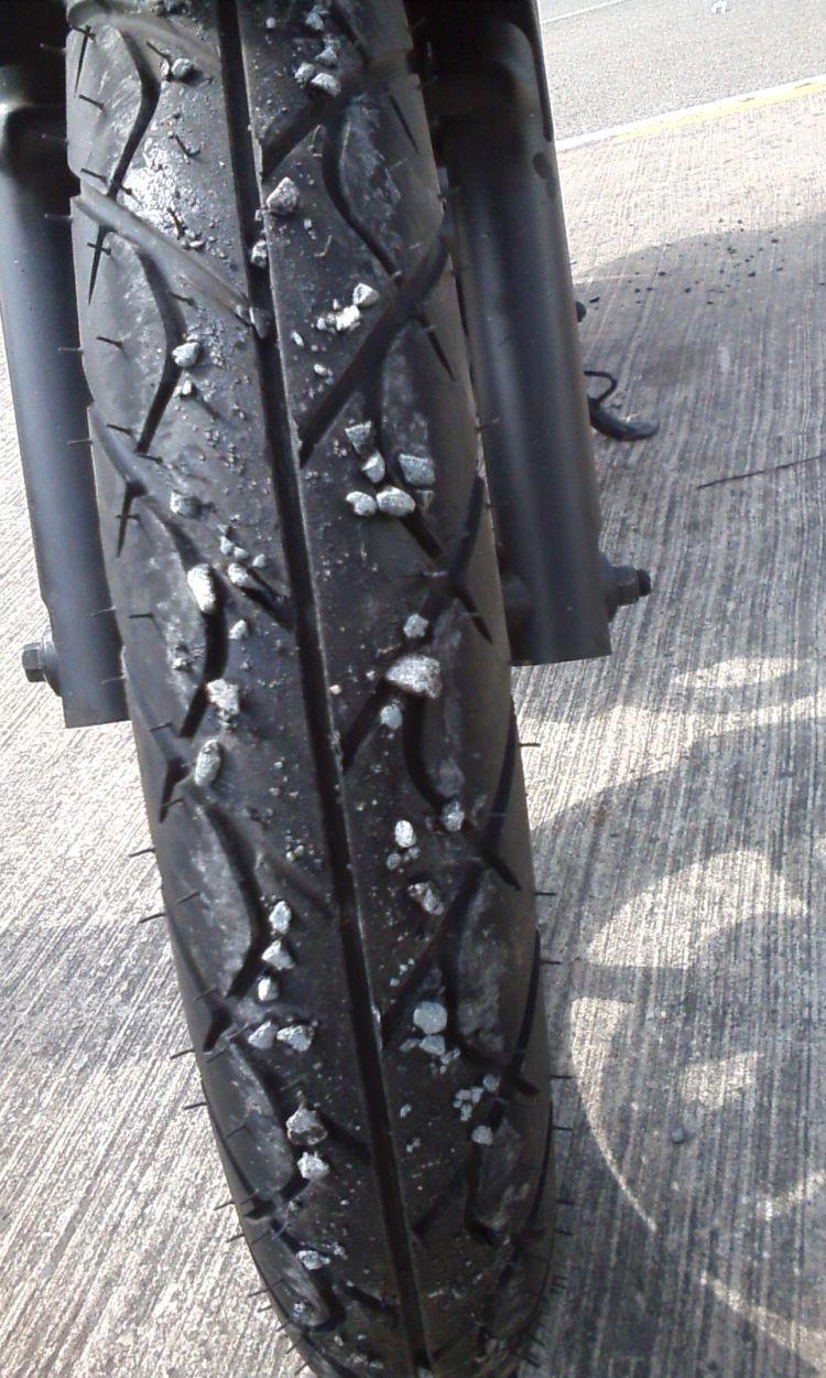 Another shot of the stones stuck all over the Keeway front tyre