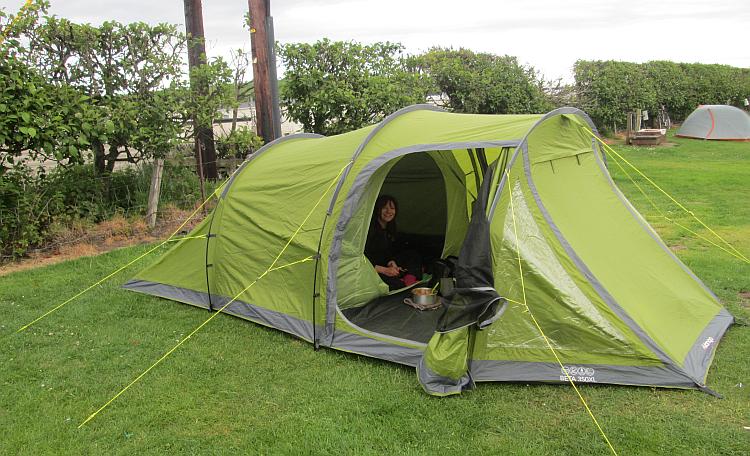 Sharon smiles from within the tent on the Ayrshire coast