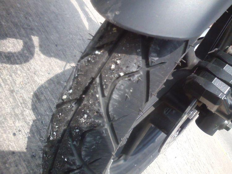 The sticky tarmac is still on the tyres after riding on regular road