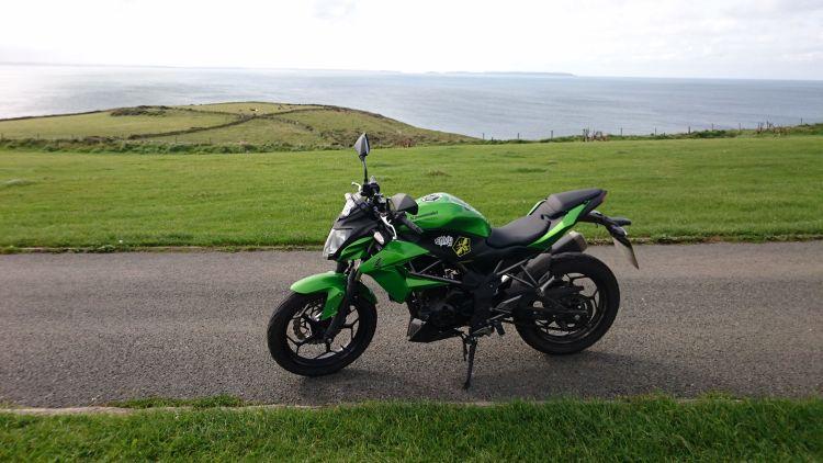 Sharon's Kawasaki Z250SL at the campsite near St Davids