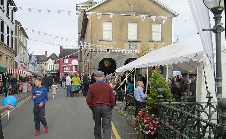 Llandovery main street with stalls, bunting, people and merriment.