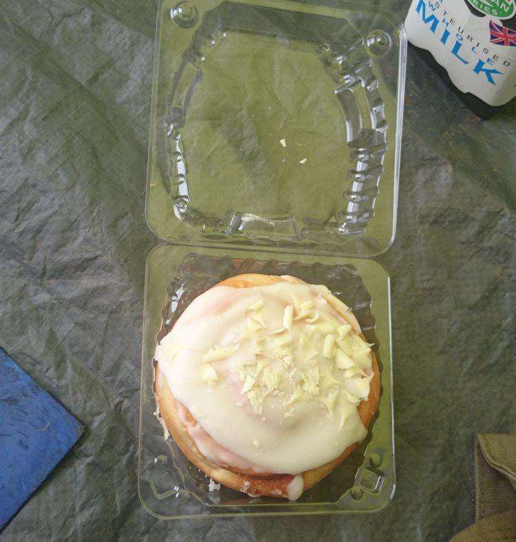A sticky bun in it's plastic packet waiting to be eaten by Sharon