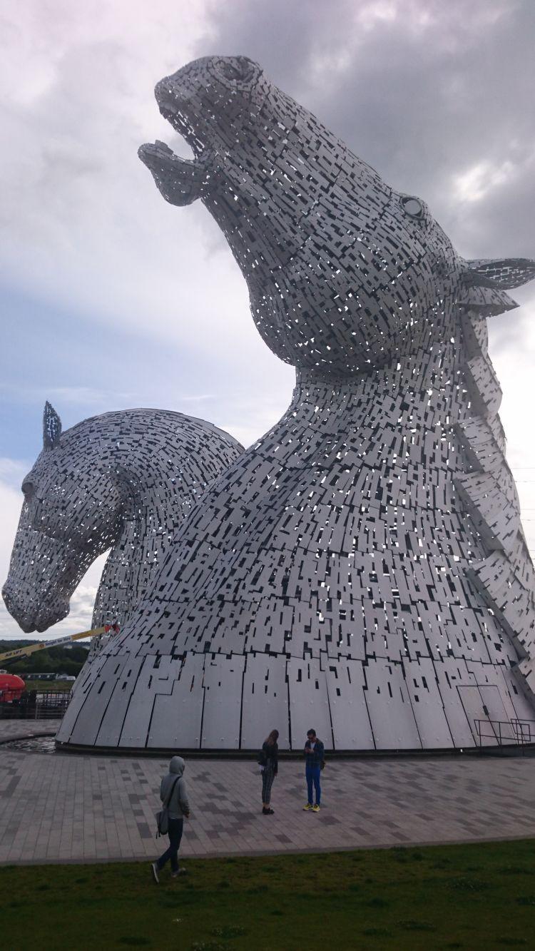 Massive shiny steel horses heads called The Kelpies