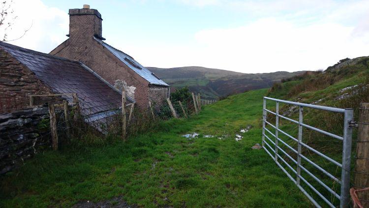 Grass covers what may once have been a road behind a very remote house in mid wales