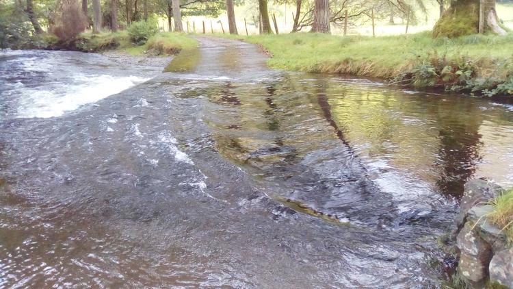 A broad ford between trees the concrete road disappears into the fast flowing river