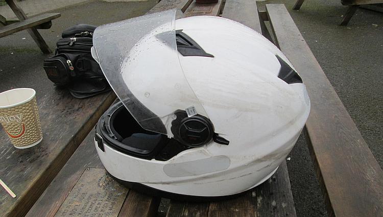 The Agrius Rage SV helmet on a bench at Ryka's Cafe