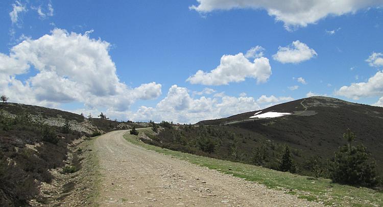 A compacted gravel track leads away from the camera and into the mountains