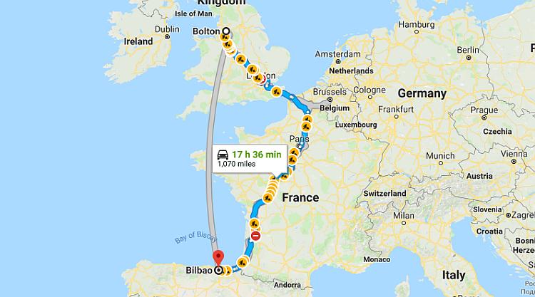 A map showing a route from Bolton to Bilbao and 1,070 miles