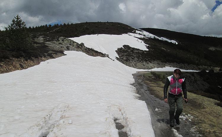 Sharon walk between the snow and the edge of the road on the mountain top