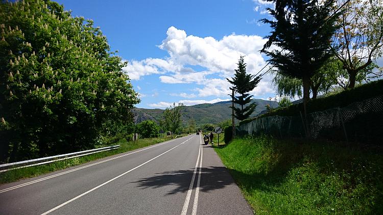 Trees and meadows line a road stretching off into the hills with blue skies