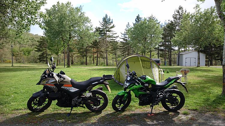 The tent and the bikes between trees and an empty campsite close to the Sierra De La Demanda
