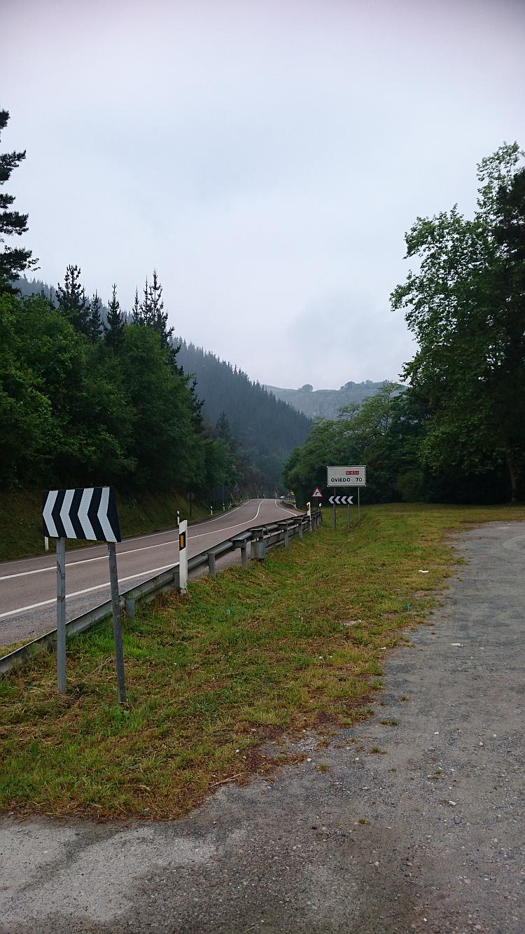A thickly tree lined road through a gentle valley and grey skies, the N634 from the motorway