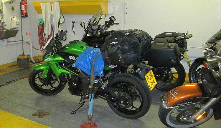 Sharon's bike on the ferry after being strapped down by the crew