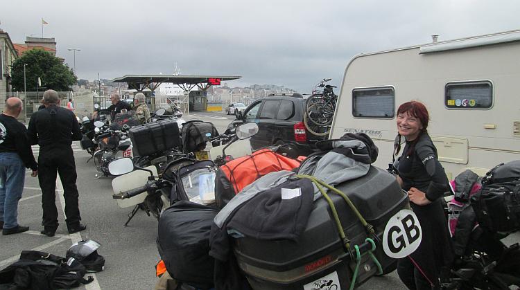 sharon is in the queue for the ferry with all the other bikers at Santander
