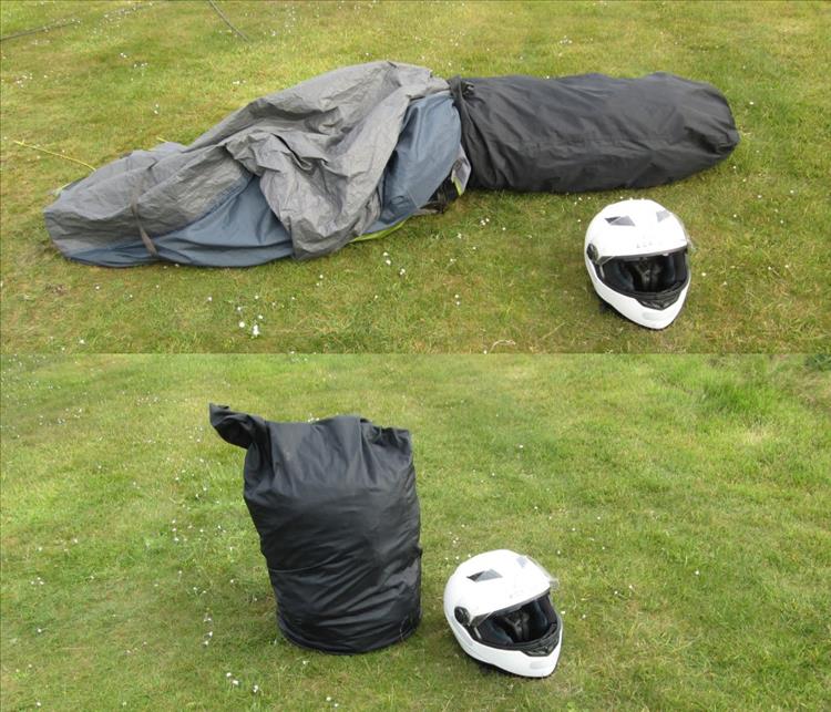 The tent being partially stuffed into the bag then the stuffed bag just squashed a bit