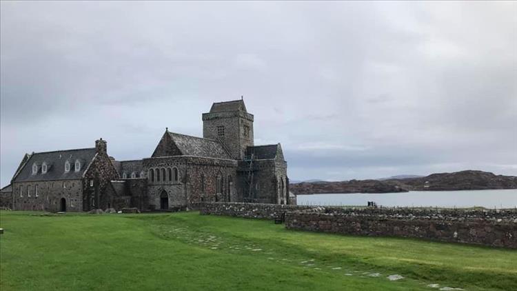 The Abbey at Iona, stone built and church-like in the remote setting
