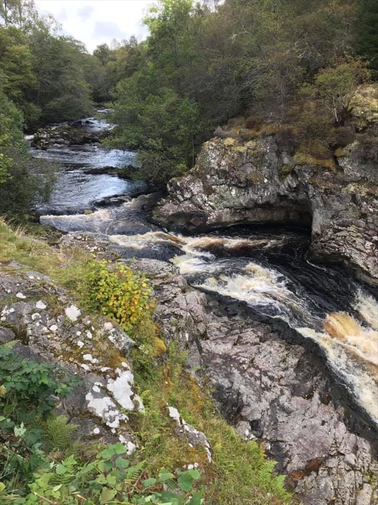 The river runs through a narrow cut of rocks creating the falls surrounded by trees