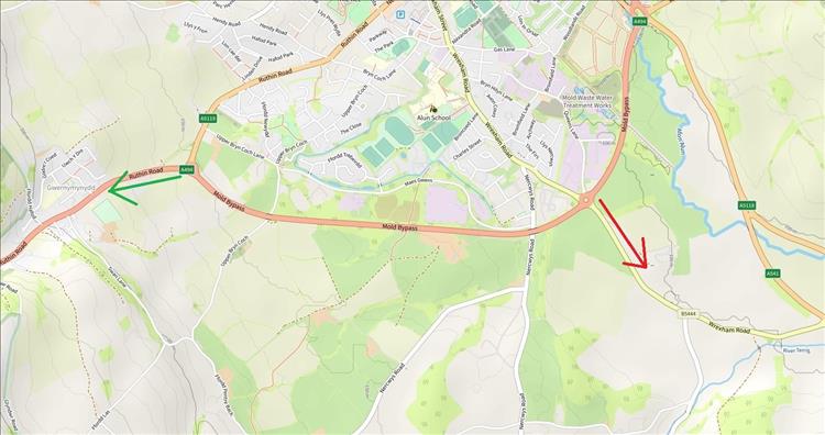 Map with arrow, red is the wrong route I took, green is the route I should have taken