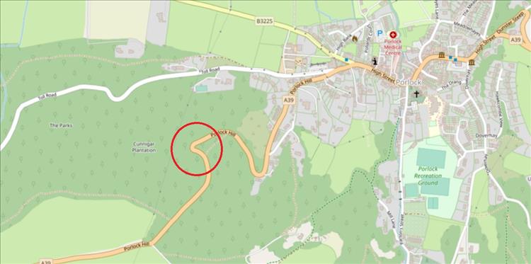 Map showing the switchback just outside of Porlock