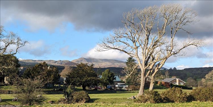 A scant few houses and leafless trees, fields, and mountains