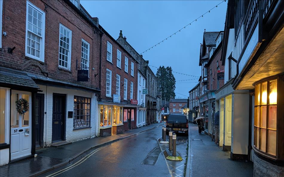 As the night draws in the narrow lane at Much Wenlock is still quite pretty