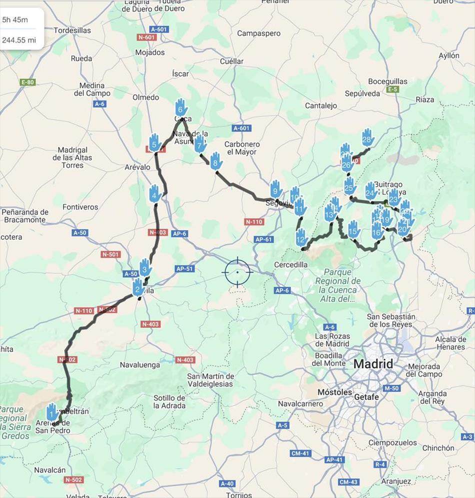 a map showing Andy's route east and north of Madrid