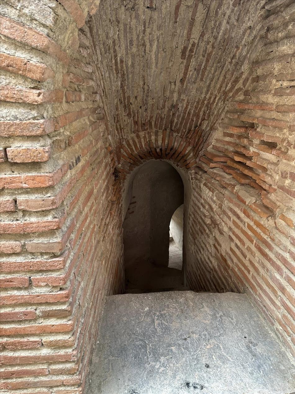 narrow passageway leads down steps into the bowels of the castle