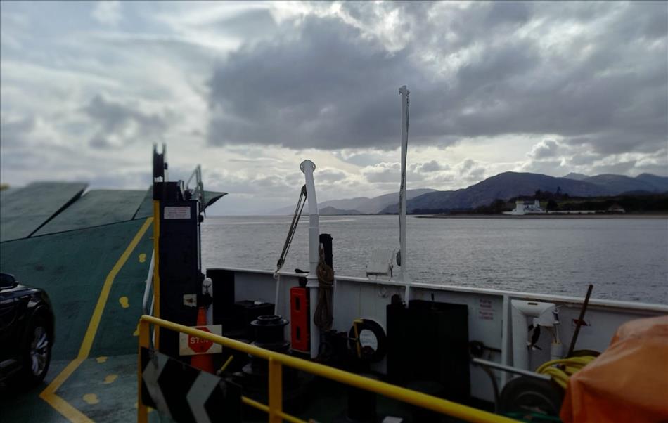 View from the ferry looking over the ramp into the highland mountains